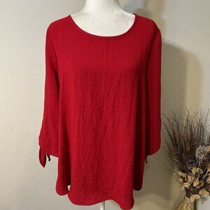 Yushi Women Tunic Top Red A-Line Tie 3/4 Sleeve Artsy Lagenlook Sz XL ?! EUC